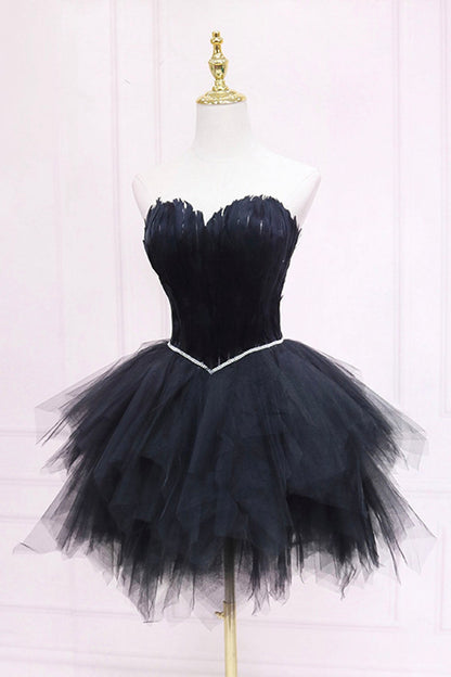 Roycebridal Ila | Black Tulle Short Prom Dress with Feather, A-Line Sweetheart Neckline Party Dress