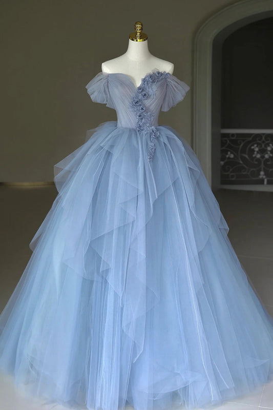 Roycebridal Roycebridal Kyra | Blue Tulle Floor Length Prom Dress, Off the Shoulder Evening Dress with 3D Flowers