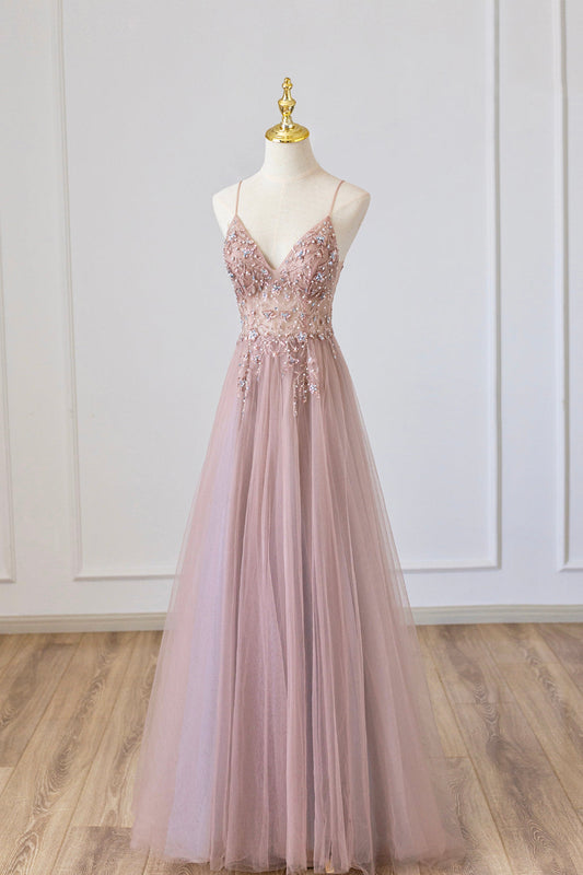 Roycebridal Yareli | Pink Tulle Long A-Line Prom Dress, Pink Spaghetti Formal Dress with Beaded