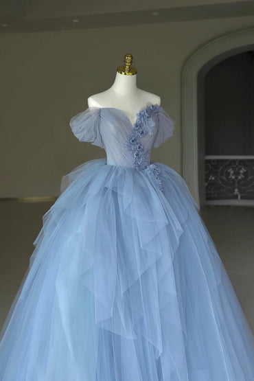 Roycebridal Roycebridal Kyra | Blue Tulle Floor Length Prom Dress, Off the Shoulder Evening Dress with 3D Flowers