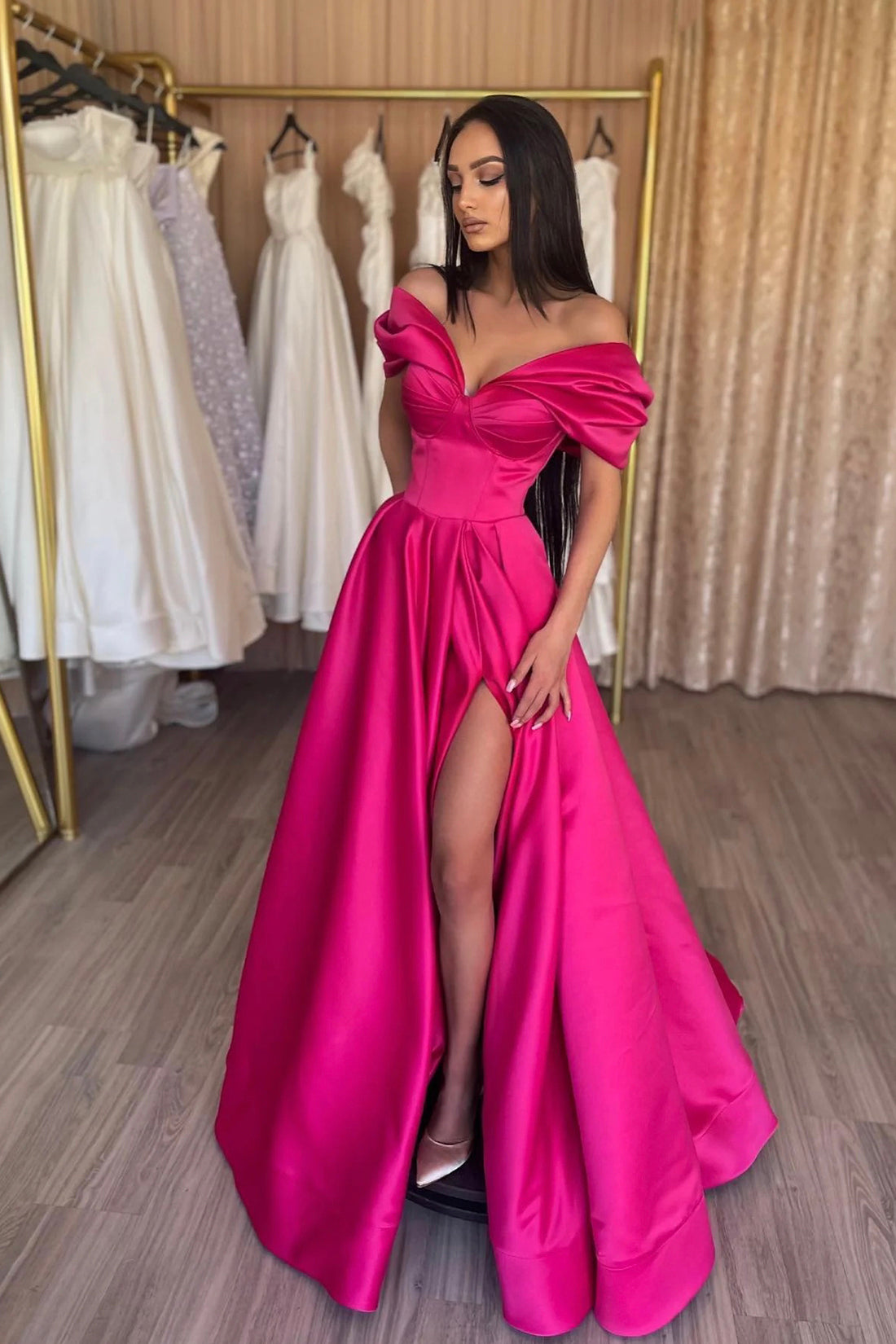 Roycebridal  Murphy | Stylish A-Line Off the Shoulder Satin Long Prom Dress, Hot Pink Satin Pleats Evening Dress with Slit