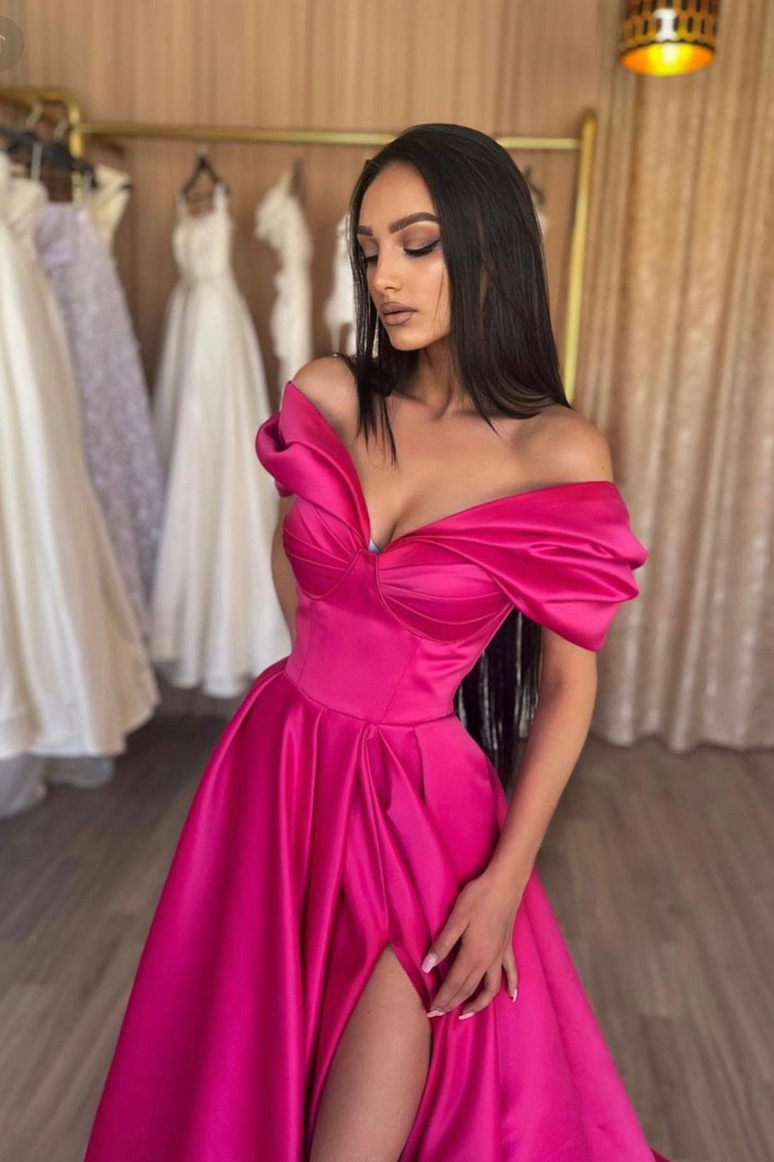 Roycebridal Roycebridal Murphy | Stylish A-Line Off the Shoulder Satin Long Prom Dress, Hot Pink Satin Pleats Evening Dress with Slit