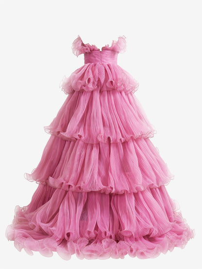 Roycebridal Vanessa |Pink Strapless A-Line Tiered Crinkled Tulle Prom Dress