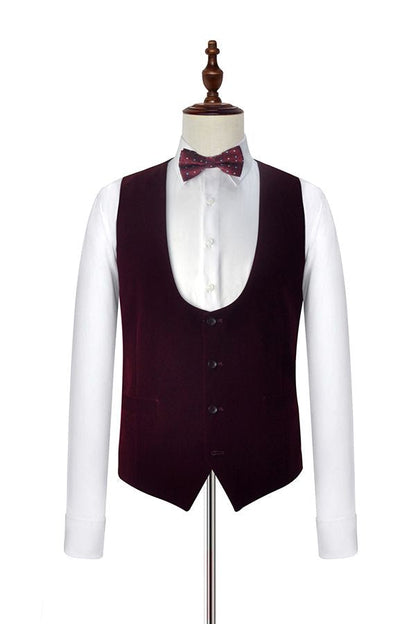 Velvet Shawl Collar White Wedding Tuxedos Three Piece Wedding Suits with Burgundy Vest-showprettydress