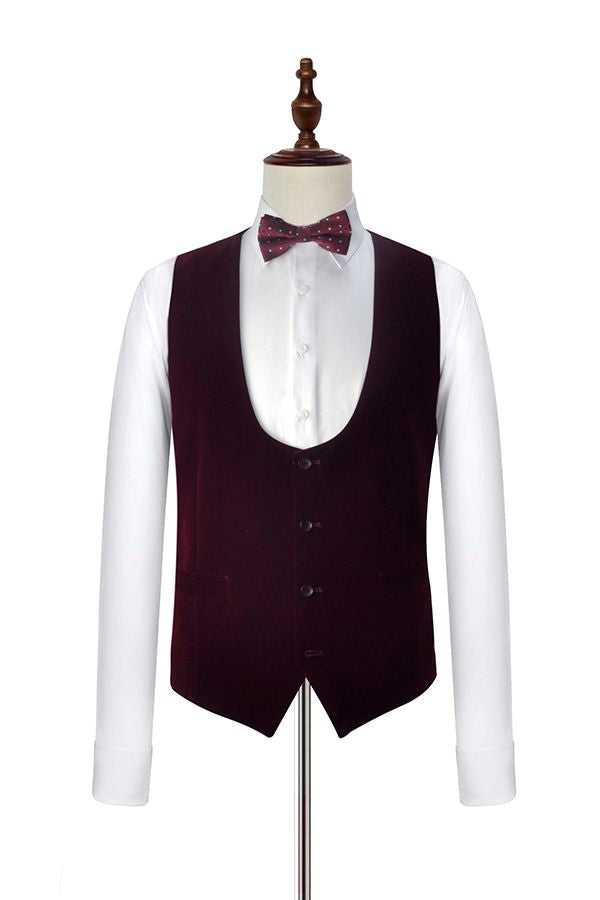 Velvet Shawl Collar White Wedding Tuxedos Three Piece Wedding Suits with Burgundy Vest-showprettydress