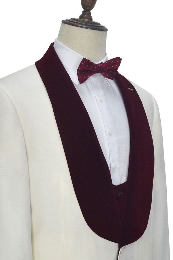 Velvet Shawl Collar White Wedding Tuxedos Three Piece Wedding Suits with Burgundy Vest-showprettydress