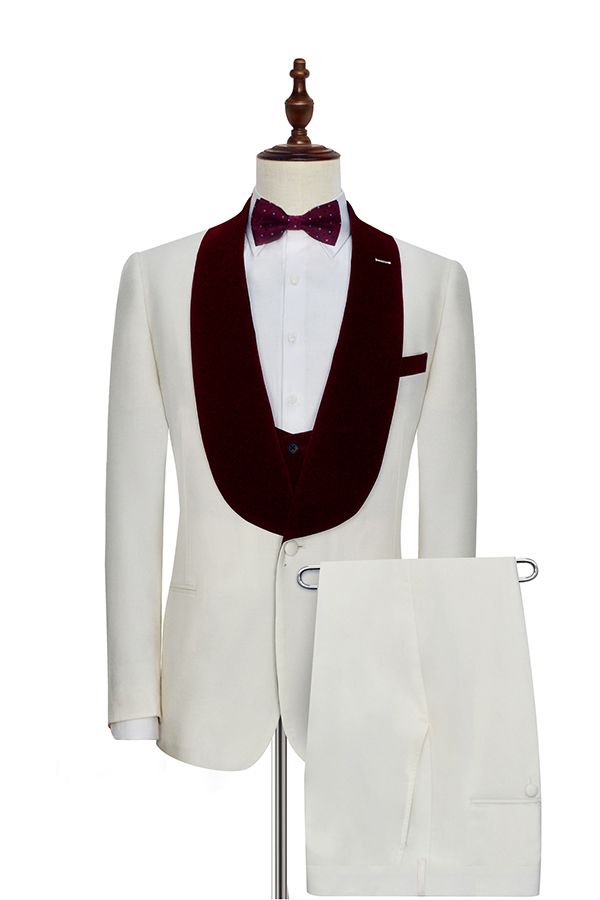 Velvet Shawl Collar White Wedding Tuxedos Three Piece Wedding Suits with Burgundy Vest-showprettydress