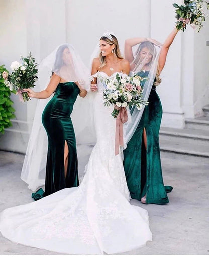 Roycebridal Sweetheart Emerald Green Velvet Bridesmaid Dresses High Thigh Slit