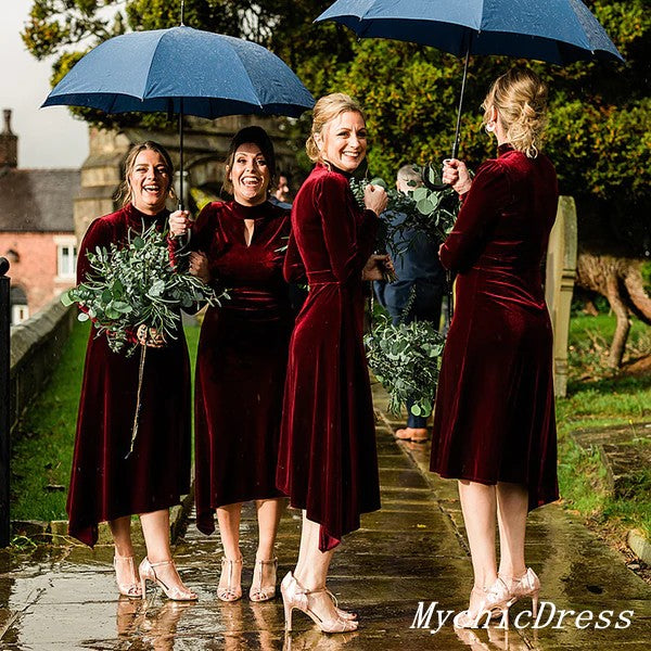 Roycebridal Long Sleeves Wine Burgundy Velvet Bridesmaid Dresses Short High Neck