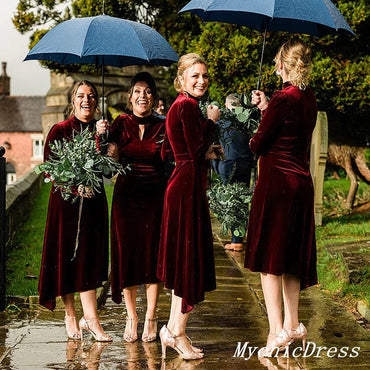 Roycebridal Long Sleeves Wine Burgundy Velvet Bridesmaid Dresses Short High Neck