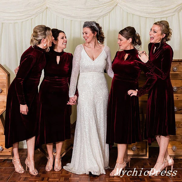 Roycebridal Long Sleeves Wine Burgundy Velvet Bridesmaid Dresses Short High Neck