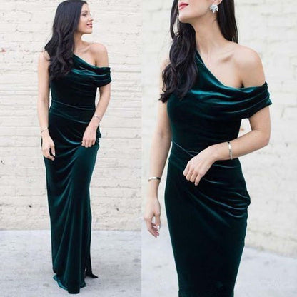 Roycebridal Unique Long Emeral Green Velvet Bridesmaid Dresses One Shoulder Wedding Guest Dress