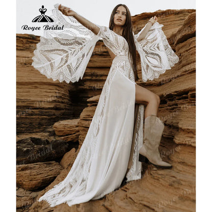 vestido de novia bohemio Boho Lace Long Sleeve Backless Split Side Wedding Dress for Women 2024 V Neck Wedding Gown for Bride