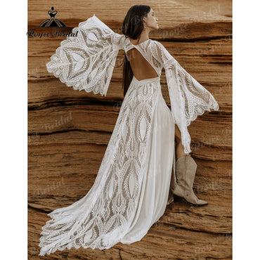 vestido de novia bohemio Boho Lace Long Sleeve Backless Split Side Wedding Dress for Women  V Neck Wedding Gown for Bride