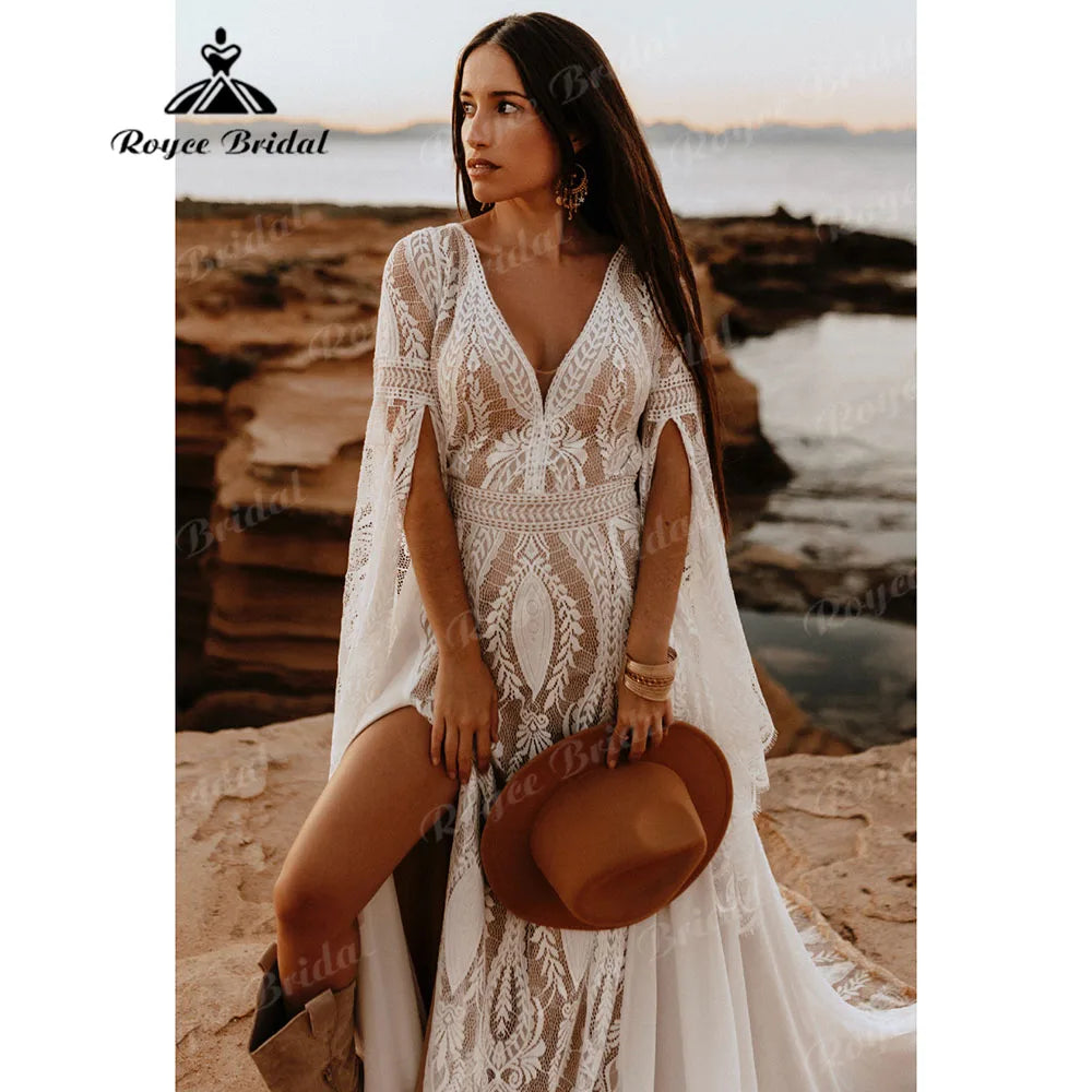 vestido de novia bohemio Boho Lace Long Sleeve Backless Split Side Wedding Dress for Women 2024 V Neck Wedding Gown for Bride