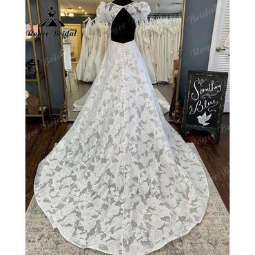 vestido novia Princess Short Puff Sleeve Lace Floral O-Neck Open Back Wedding Dress for Bride  Court Train Wedding Gown