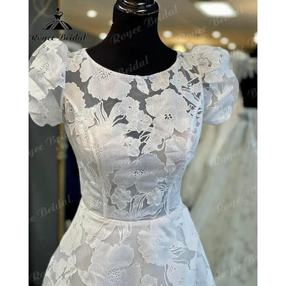 vestido novia Princess Short Puff Sleeve Lace Floral O-Neck Open Back Wedding Dress for Bride 2024 Court Train Wedding Gown