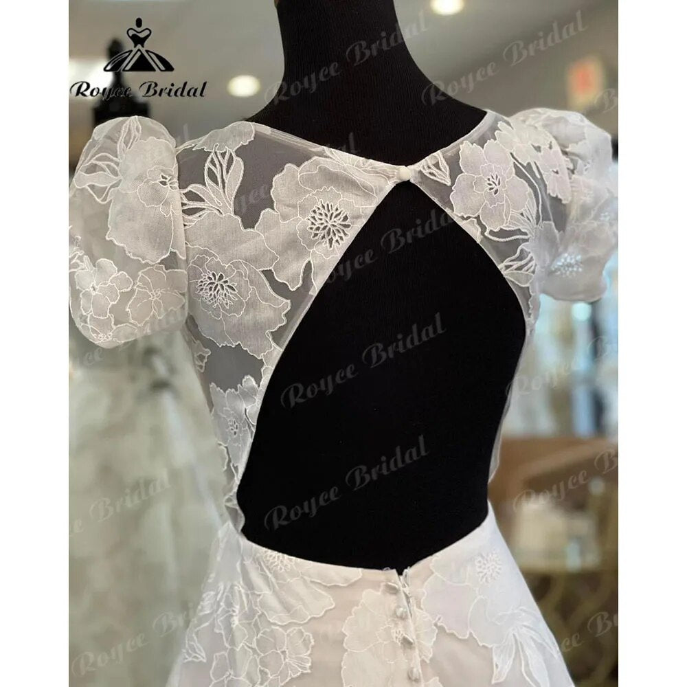 vestido novia Princess Short Puff Sleeve Lace Floral O-Neck Open Back Wedding Dress for Bride 2024 Court Train Wedding Gown