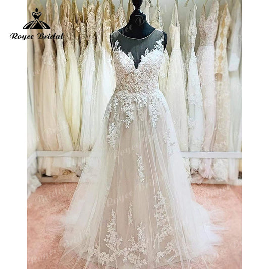 Roycebridal vestido rouwjurk Boho Wedding Dress Backless Lace Appliqued Sleeveless Sweep A Line Robe de Mariee Bridal Gown Custom Made 2022