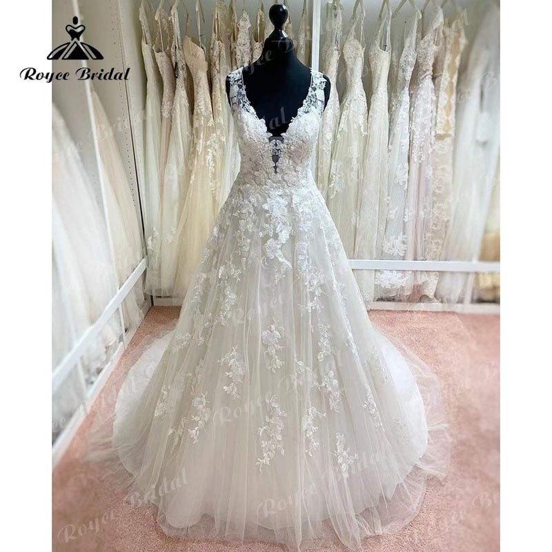 Roycebridal BRIDE,BRIDE EXPLORE All Wedding Dresses,BRIDE EXPLORE Custom Wedding Dresses 👗,BRIDE EXPLORE Plus Sizevestidos de novia Elegant A Line Wedding Dress Open Back Lace Appliques Deep V Neck Tank Sleeveless Bride Gown robe de mariée