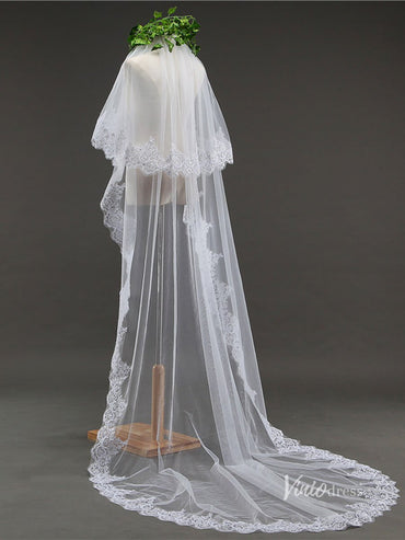 Vintage Lace Appliqued Long Veil with Blusher Viniodress-Veils-Viniodress-Viniodress