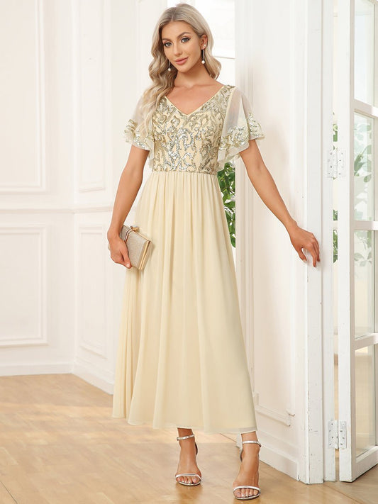 Virginia ankle length dress in light gold Express NZ wide - Bay Bridal and Ball Gowns