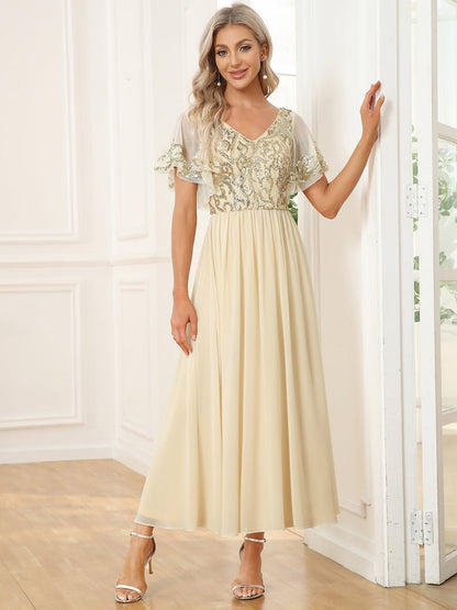 Virginia ankle length dress in light gold Express NZ wide - Bay Bridal and Ball Gowns