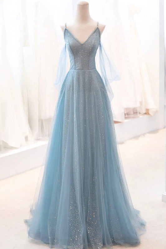 Roycebridal Roycebridal Kathryn | Dusty Blue Sparkly Tulle Long Prom Dress, A-Line Spaghetti Strap Evening Dress