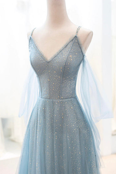 Roycebridal Roycebridal Kathryn | Dusty Blue Sparkly Tulle Long Prom Dress, A-Line Spaghetti Strap Evening Dress