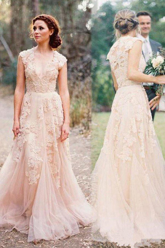 Gorgeous Tulle V-neck Sleeveless Floor-Length Lace Wedding Dresss with Appliques, MW246