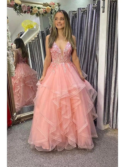 Roycebridal Nanalia | A-Line Prom Dresses Princess Dress Formal Floor Length Sleeveless V Neck Tulle Backless with Pleats Appliques