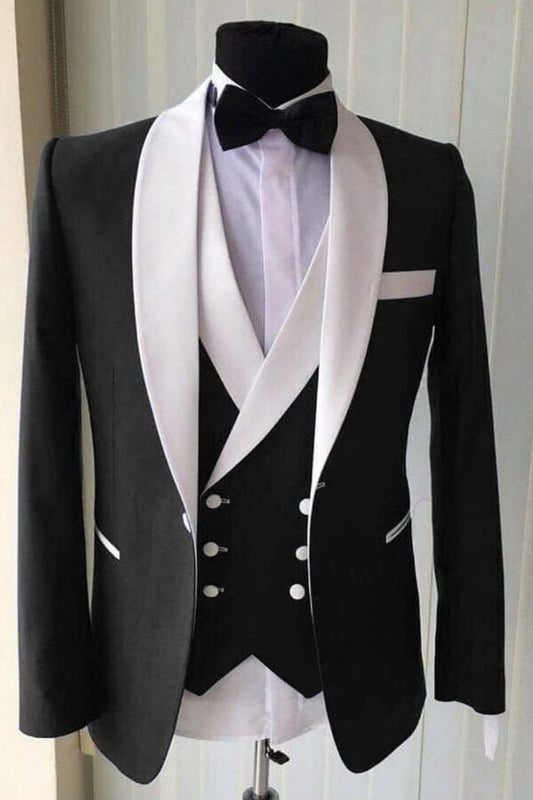 Wedding Groom White Lapel Shawl Lapel Classic 3 Piece Black Men's Suit for Formal-showprettydress