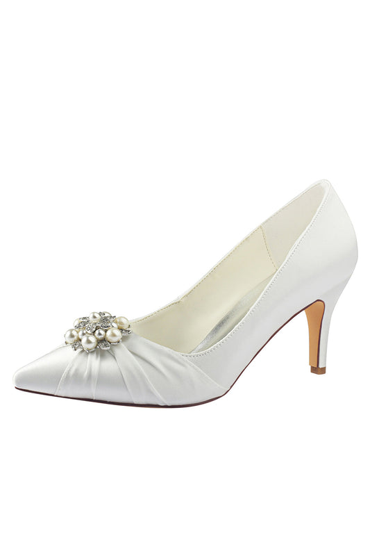 Roycebridal Wedding Shoes Close Toe Stiletto Heel Satin With Rhinestone Ruffles