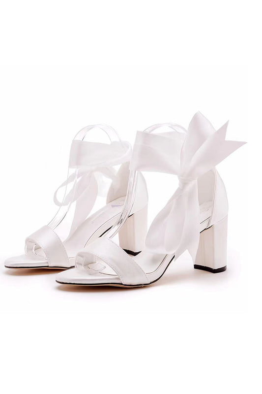 Roycebridal Wedding Shoes Peep Toe Sandals Chunky Heel Satin With Ribbon Tie Bow-Knot