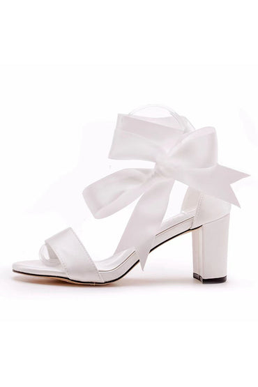 Roycebridal Wedding Shoes Peep Toe Sandals Chunky Heel Satin With Ribbon Tie Bow-Knot