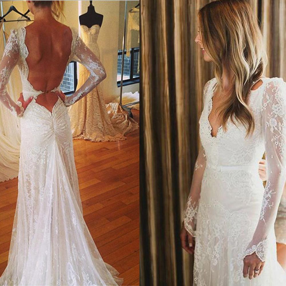 White Tulle Lace Open Back V-neck Mermaid Long Sleeve Wedding Dresses, MW177|musebridals.com