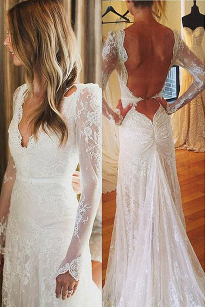 White Tulle Lace Open Back V-neck Mermaid Long Sleeve Wedding Dresses, MW177