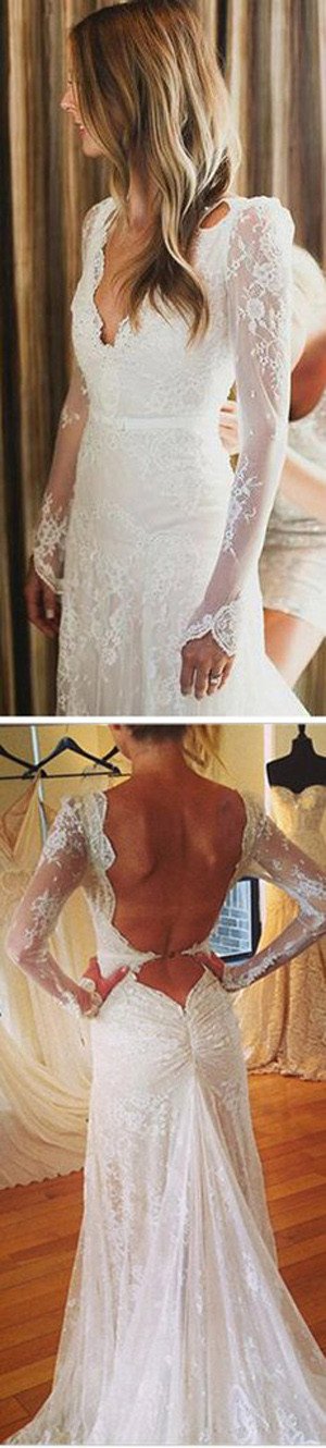 White Tulle Lace Open Back V-neck Mermaid Long Sleeve Wedding Dresses, MW177 sold by www.musebridals.com