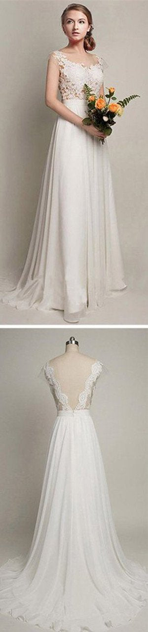 Roycebridal Chiffon A-Line V-back Wedding Party Dresses, Simple Lace Long Wedding Dress, MW131