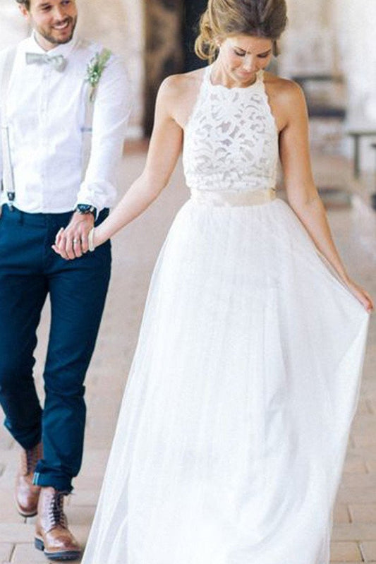 Simple White Halter Lace Long Sheath Beach Wedding Dresses Bridal Dresses, MW241