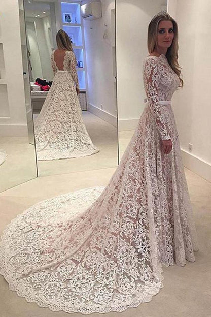 White Lace Backless A line Long Sleeve Long Wedding Dresses, Bridal Dresses, MW190