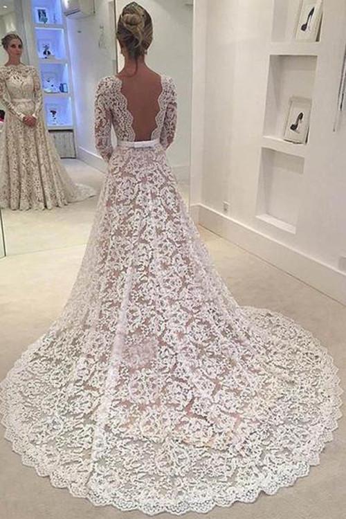 Roycebridal White Lace Backless A line Long Sleeve Long Wedding Dresses, Bridal Dresses, MW190