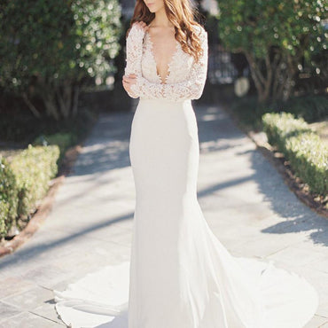 White Mermaid Deep V-Neck Long Sleeve Lace Wedding Dresses, MW195|musebridals.com