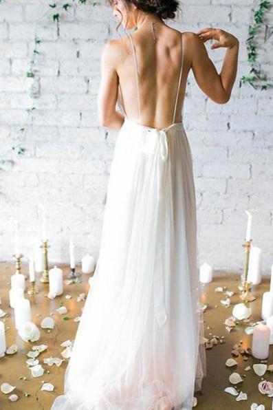 Chiffon Backless Cheap White Long Wedding Gowns, Beach Wedding Dresses, MW128 at musebridals.com