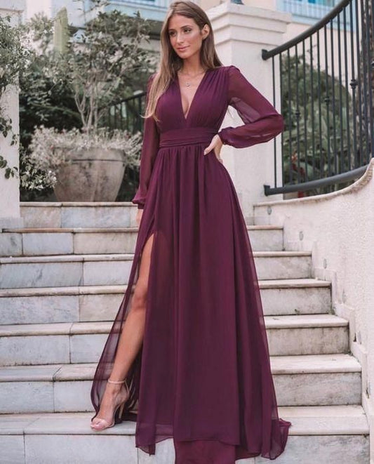 Burgundy Long Sleeves Wedding Guest Dresses Fall Chiffon V Neck