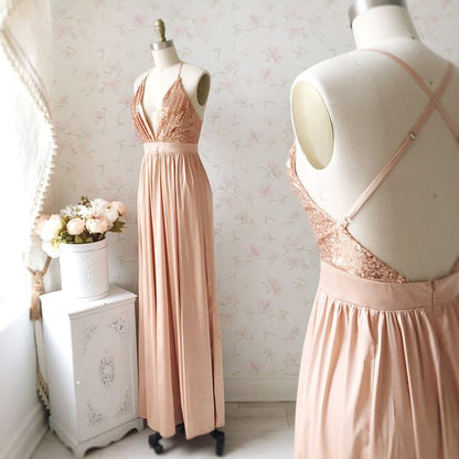 Sheath Rose Gold Bridesmaid Dresses Sequin V Neck Wedding Guest Dress