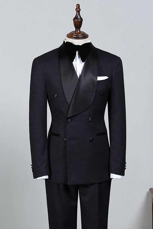 Well-cut All Black Double Breasted Bespoke Wedding Suit For Grooms-showprettydress