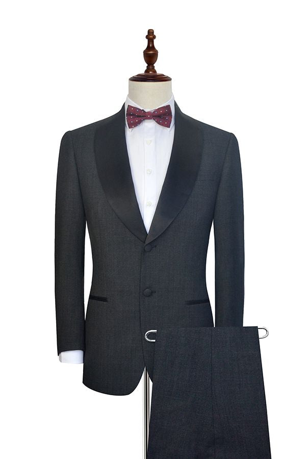 Well-cut Dark Grey Black Shawl Collar Wedding Tuxedos Two Buttons Wedding Suits for Men-showprettydress