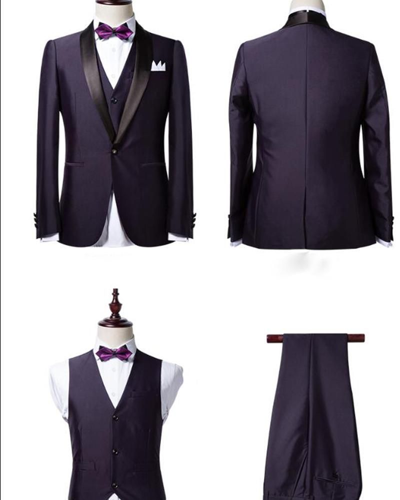 Well-cut Dark Purple Shawl Lapel Black Wedding Tuxedo Bespoke Prom Dress Suit Three-pieces-showprettydress