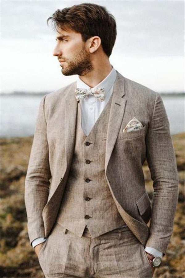 Well-cut Khaki Linen Summer Beach Mens Suits Groom Wedding Tuxedos with Three-pieces-showprettydress